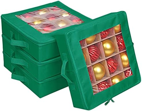 ProPik 4 Pcs Christmas Ornament Storage Boxes with Dividers | 4 Individual Trays Hold 64 Holiday Decoration Balls | Durable Ornaments Organizer Storage Box | Zippered Closure with Handles (Green) by ProPik