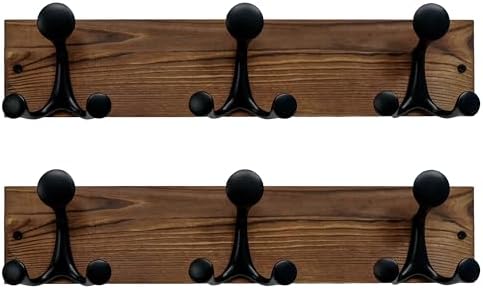SKOLOO 17-Inch Wood Coat Rack Wall Mount with 3 Triple Hooks - Ideal for Family Entrances, Classrooms, and Pet Supplies Storage - Perfect Coat Hooks for Wall,Charred Golden Brown, Pack of 2 by SKOLOO