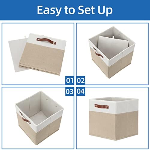 Temary Fabric Storage Cubes - 12 Inch Collapsible Bins (4Pack) - Empty Gift Baskets for Organizing Shelves, Closets, Nursery (White & Khaki) - Image 7