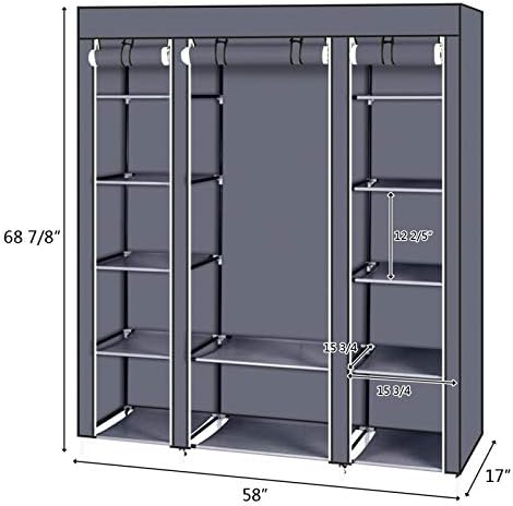 Knocbel Portable Closets Freestanding Closet Organzier Clothes Garment Rack Dustproof & Waterproof Fabric Cover with Storage Shelves & 1 Hanging Rod, 58" W x 17" D x 68.9" H Gray - Image 2