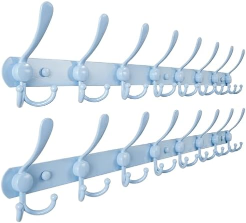 Dseap Coat Rack Wall Mount - 29.5” Long 8-Tri-Hooks Heavy Duty Coat Hanger Rail Wall Hooks for Hanging Coats Hats Clothing Clothes Purse Mudroom Entryway, Blue, Pack of 2 by Dseap