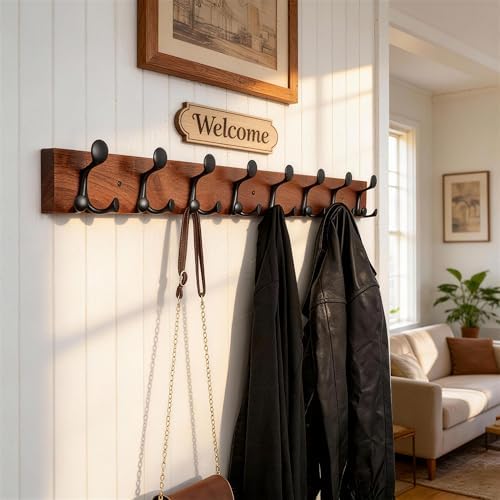 WEBI Coat Rack Wall Mount,43" Solid Wood Coat Hooks Wall Mounted Coat Hanger,16" Hole to Hole,Heavy Duty 8 Triple Hooks for Hanging Coats,Jacket,Hat,Backpack,Farmhouse,Reddish Brown,2 Packs - Image 2