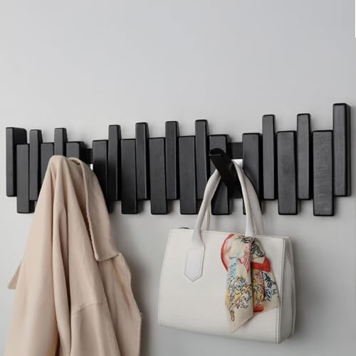 Beech Piano Key Coat Rack with 10 Flip Hooks, Black - Image 4