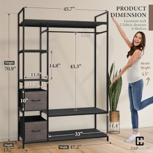 CAPHAUS 979lbs Capacity Heavy Duty Clothing Rack 48" W Metal Garment Rack with Drawers Hanging Rods and Wood Shelves Freestanding Closet Organizer, Black Board - Image 2
