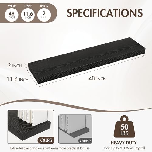 Acovy 48 Inch Floating Shelves, 12" Deep Floating Shelf Wall Mounted, 48" Wall Shelves, Rustic Deep Bookshelf, Extra Deeper & Thicker Display Shelves for Bedroom, Living Room, Set of 1 - Image 4
