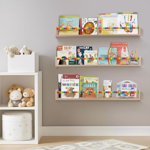 birola Nursery Book Shelves Set of 3,Wood Floating Book Shelves for Wall,Wall Book Shelf for Kids，Bathroom Decor, Kitchen Spice Rack (Five-Color Beads) - Image 6