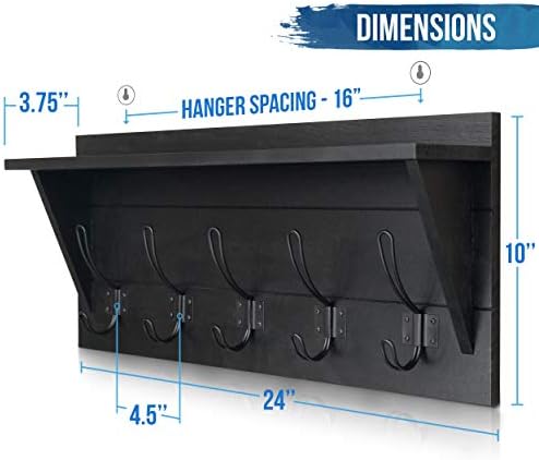 Wall Mounted Coat Rack Shelf, Rustic Wooden Country Style 24" Entryway Shelf with 5 Rustic Hooks featuring Solid Pine Wood. Perfect touch for your Entryway, Mudroom, Kitchen, Bathroom and More, Black - Image 2