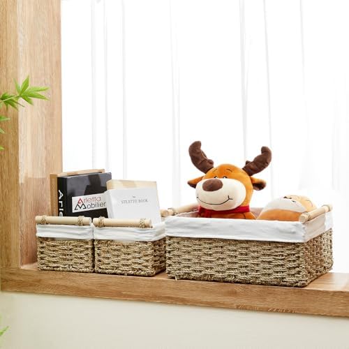 Vagusicc Wicker Storage Basket, 3-Packs Seagrass Storage Baskets for Organizing, Large Cube Storage Organizer Baskets Bins with Handles for Shelves Decor, Small Toilet Paper Storage Basket (Seagrass) - Image 5