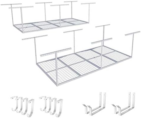 FLEXIMOUNTS 4x8 Overhead Garage Storage Rack with Hooks, 2 Pack, White by FLEXIMOUNTS