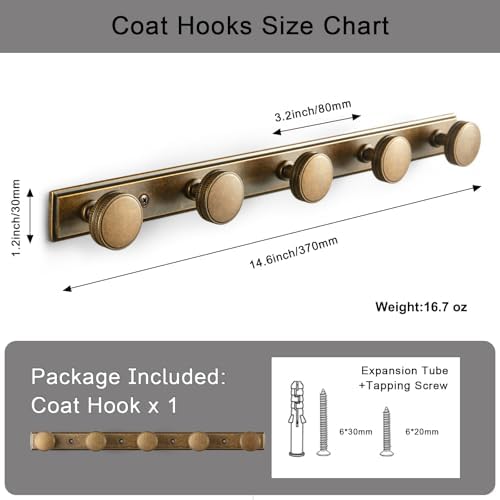 Goo-Ki 1 Pack Antique Brass Coat Rack Wall Mount Heavy Duty, Vintage Brass Towel Rack Zinc Alloy Coat Hooks Wall Mounted for Bag Hat Clothes Scarf - Image 4