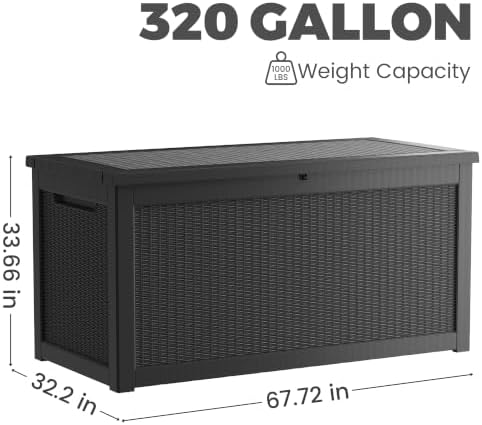 320 Gallon Outdoor Storage Box, Extra Large Waterproof Resin Deck Box with Lockable Lid Storage Bin for Patio Furniture Cushion, Garden Tools, Pool Accessories, UV-Resistant Outside, Black - Image 3