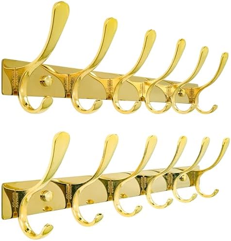 SKOLOO Coat Rack Wall Mounted - 6 Hooks, Pack of 2, Heavy Duty, Stainless Steel, Metal Wall Hangers, Sturdy Coat Hooks for Hanging Coats, Jacket, Clothes, Hat, Bright Gold by SKOLOO