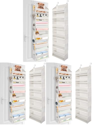 ULG Over The Door Organizer with 6 Large Pockets 12 Side Pockets, 50lbs Weight Capacity Door Hanging Organizer for Bedroom, Bathroom, Pantry, Nursery Storage, Beige (Pack of 3) by ULG