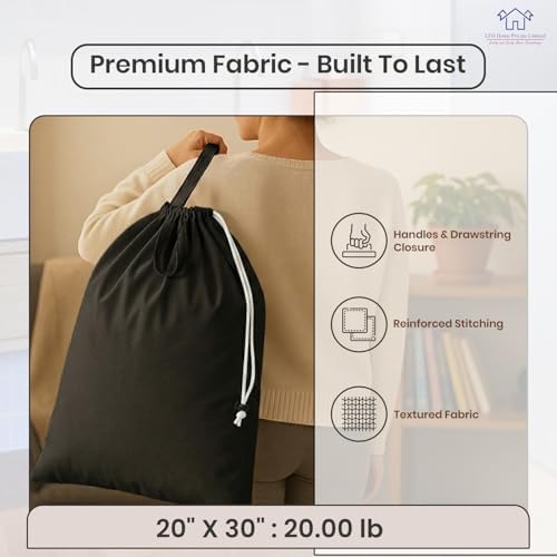 LFH Home Large Premium Cotton Rich Canvas Laundry Bag with Drawstring and Handles Heavy Duty, Multi-Use, and Washable for Home, Travel, College or Storage 20x30 (Pack of 2)-Black - Image 5