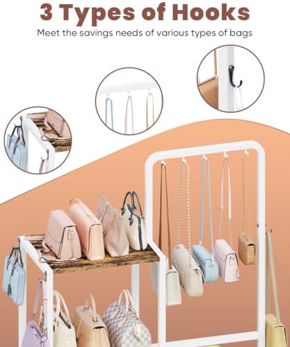 Floor-Standing 3-Tier Purse Organizer, High-Capacity Bag Holder with 8 Hooks, Multi-Functional Purse Rack for Various Bags, Handbag Display Stand Shelf for Closet, Bedroom, Entryway, White - Image 2