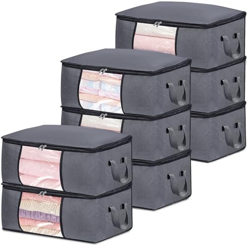 BiCINE 8 Pack Clothes Storage Bags with Zipper, 45L Foldable Blanket Storage Bag with Clear Window Sturdy Handles for Closet, Dorm, Pillows, Bedding, Sheet, Comforter, Gray by BiCINE