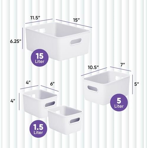 Superio Ribbed Collection - Decorative Plastic Basket Open Home Storage Bins Organizer, White (Set of 4) 1 Large, 1 Medium, 2 Small - Container Boxes for Organizing Closet Storage Bins for Shelves - Image 2