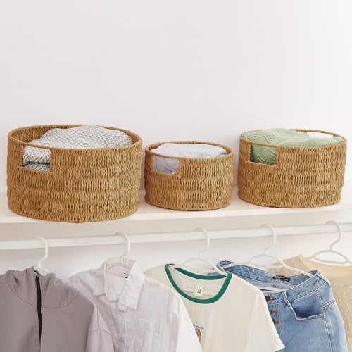 Vagusicc Wicker Storage Basket, Hand-Woven Paper Rope Large Round Woven Basket With Handles, Wicker Baskets for Organizing/Storage, Natural, 3-Pack - Image 7