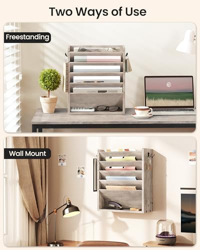 CHOEZON Wall File Organizer, 6-Tier Vertical Mount Hanging Holder with 2 Side Hooks, Modern Wooden Magazine Storage Holder with Bottom Tray, Desk Organizer, for Office, Home, Greige MWJ01FH - Image 4