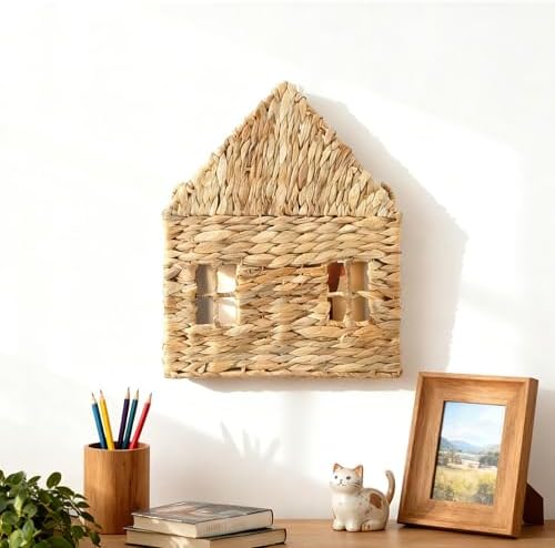 Wicker Magazine Holder Wall Basket Hanging Wall Mount Mail Rack Holder Storage Water Hyacinth House Shaped Woven Hanging Basket for Books & Files with Handle Home Office, 13.8 x 11 Inch - Image 6