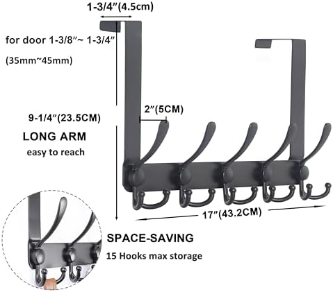Dseap Over The Door Hook Hanger - Fits 1 3/8" to 1 3/4" Standard Doors | 5 Tri Hooks Heavy Duty Towel/Coat Rack | Door Organizer for Clothes, Jackets, Hats, Towels, Black, Pack of 2 - Image 4