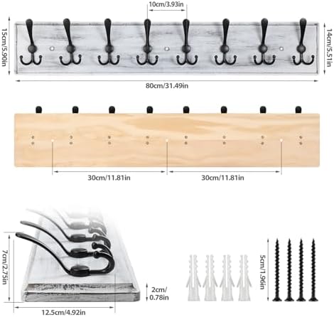 Coat Rack Wall Mount, Wooden Heavy Duty Coat Rack for Wall,8 Triple Coat Hanger Hooks for Hanging Coats,Jacket,Hat,Clothes (Grey White, 8 Hooks) - Image 2