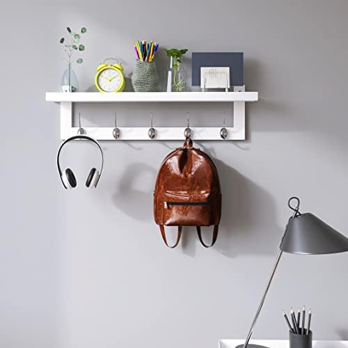 SMIBUY Coat Hooks with Shelf Wall-Mounted, 29.2 Inch Entryway Coat Rack for Wall, Bamboo Hanging Shelf with 5 Double Metal Hooks for Bathroom, Bedroom, Kitchen, Living Room, Mudroom (White) - Image 2