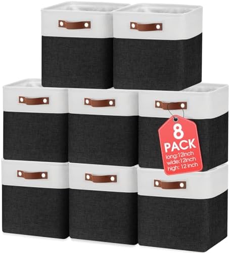 Uiifan 8 Pack 12 x 12 x 12 Inch Large Storage Baskets Collapsible Fabric Storage Cubes Bins with Handles for Shelves Closets Nursery Home Clothes Toys Organizers, Black by Uiifan