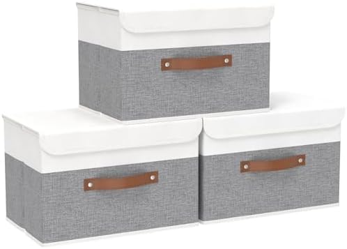 Yawinhe Storage Bins with Lids,White/Grey,17.7x11.8x11.8in,3-Pack by Yawinhe