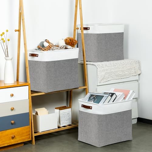 DULLEMELO Storage Baskets 17 inch Large Basket for Blanket Living Room, Foldable Storage Bins Baskets for Organizing [3 Pack] Blanket Storage Baskets Organizer for Home,Office,Closet(White&Grey) - Image 3