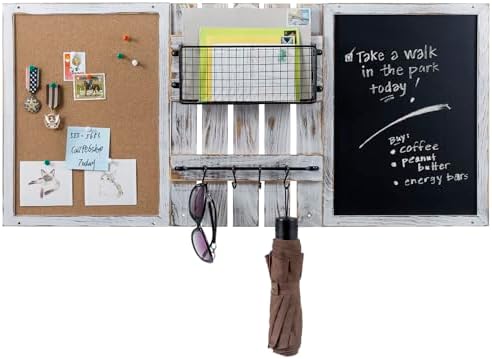 MyGift 3 Panel Wall Mounted Entryway Bulletin Board Combo Set with Shabby White Washed Solid Wood Frame, Chalkboard, Cork Board, Black Metal Mail Basket, and Hanging Rail - Image 7