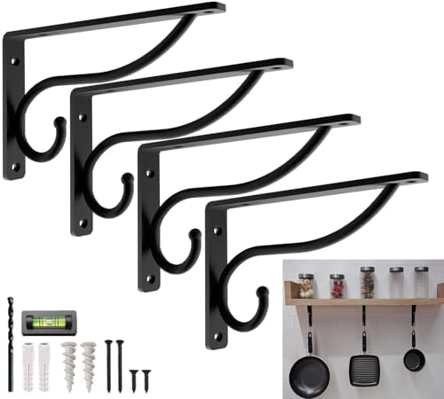 Closet Rod Bracket, 6 Inch Hook Shelf Brackets Heavy Duty Wall Mounted, Black Closet Rod Support Brackets for Curtains, Hanging Hook Kitchen, Garage Shelf Supports (4 Pack) (Black, 6 inches) by BalinDesigns