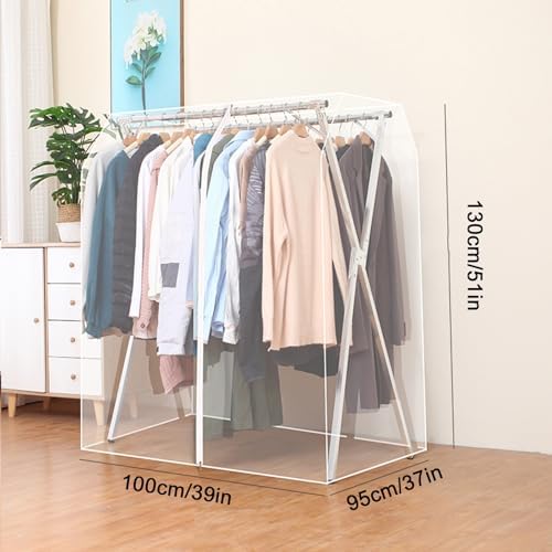 Clothes Rack Cover with Zipper, Dustproof Clothes Cover with 2 Durable Zipper Clothing Waterproof Protector, Designed for X-Type Coat Racks(Clear,100x130x95cm/39x51x37in) - Image 2