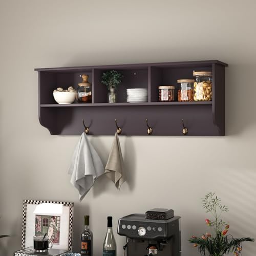 Wall Mounted Coat Rack with Shelf - Espresso MDF & Steel, 4 Hooks, 39"x8"x14" - Image 4