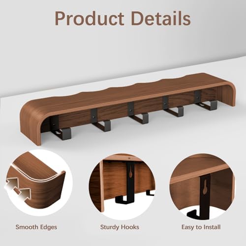 Coat Rack Wall Mount with Hidden Hooks, Wall Hooks with Shelf, Wall Key Holder Mount Wooden Shelf Entryway Hooks for Bedroom Bathroom for Hanging Coats Hats Bags Towels (Walnut Wave-Shape, 5 Hooks) - Image 3