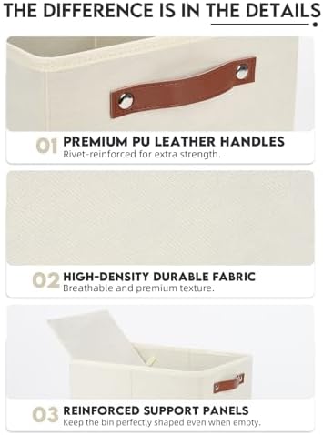 [6-Pack] Fabric Storage Bins Reinforced 2.5mm Cardboard Shelf Bins with PU Leather Handles (15x11x9.5 ) Durable Storage Baskets for Closet Organization, Toy Organizer, & Home Office Beige - Image 3