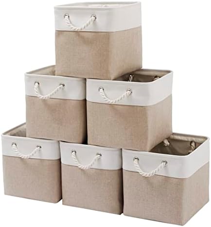 MidmmVick 11 x 11 Inch Cube Storage Bins, 6 Pack Large Collapsible Fabric Storage Bin with Ropes, Foldable Storage Cubes for Home, Office,Closet, Clothes, Toys Organizer (White & Beige-11"x11"x11") by Midmmvick