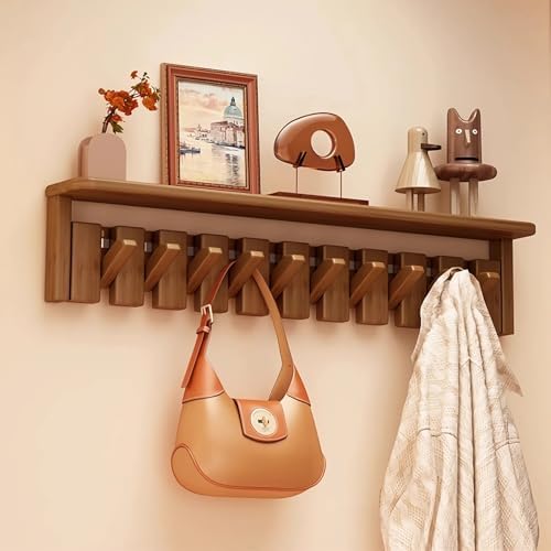 Paint Wood Wall Mounted Coat RackHooks Piano Key Hangers Natural Solid Wood Hanger Non-Woven Fabric Clothes Hangers for Closet, Kitchen, Bedroom, Bathroom, Entryway（Shelf+Walnut 10 Hooks） by MurphyBedKitMattresFrame