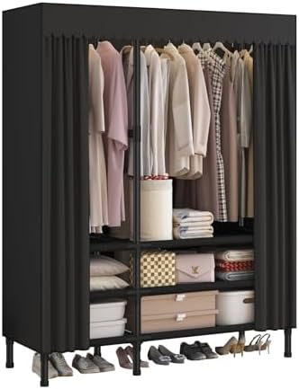 Portable Closet with Cover 43.3"x17.7"x65.7" Wardrobe Closet Black by WEALTHYHEART
