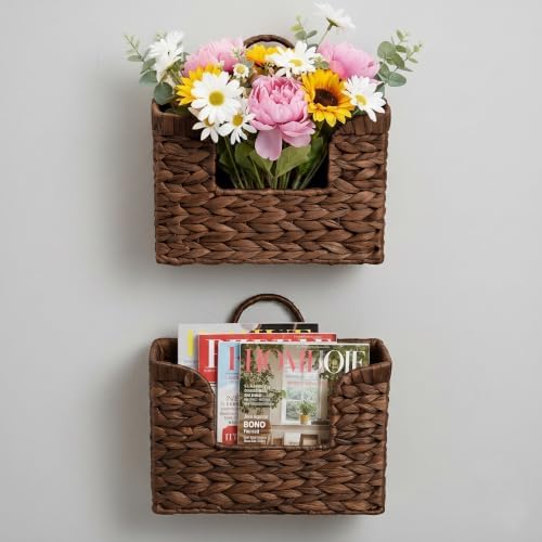 Set of 2 Coffee Water Hyacinth Hanging Baskets with Handle, Wall Baskets Storage, Wall Mounted Organizer, Magazine Holder Magazine Basket, Farmhouse Baskets for Flowers/Magazine/Fruit Storage - Image 4