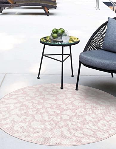 Unique Loom Outdoor Safari Collection Area Rug - Leopard (10' Round, Pink Ivory/Ivory) - Image 3