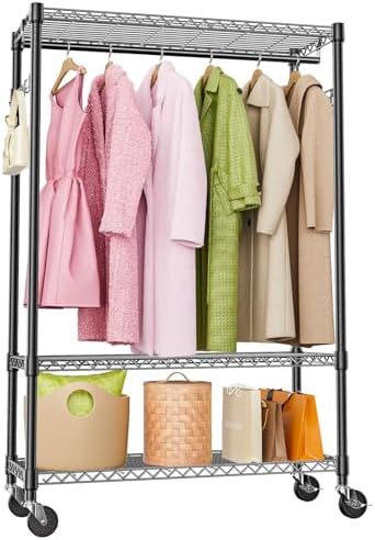 M MZG Heavy Duty Rolling Garment Rack 3 Tiers Adjustable Wire Shelving Clothes Rack with 1 Rods and Side Hooks,Storage Closet Clothing Rack with Wheels Black 15.7" D x 45.3" W x 75.6" H by MEIGAOPLASTICANDMETALHKCOLIMITED