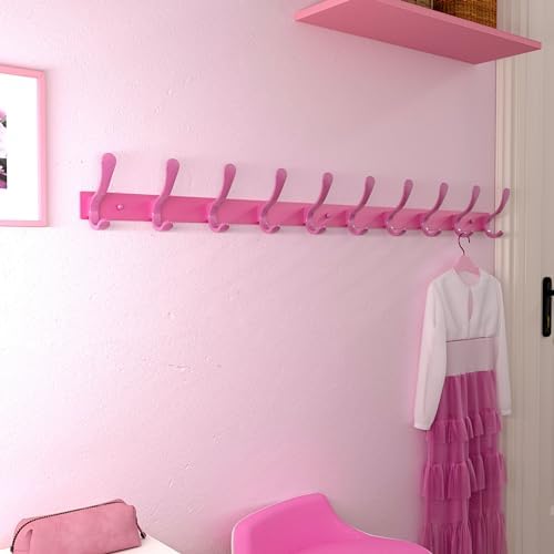 SKOLOO Coat Rack Wall Mounted - 10 Hooks, Pack of 2, Heavy Duty, Stainless Steel, Metal Wall Hanger, Sturdy Coat Hooks for Hanging Coats, Jacket, Clothes, Hat, Pink - Image 3