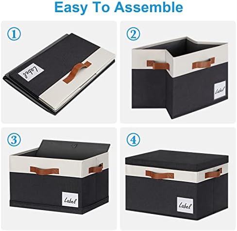 Extra Large Storage Bins with Lids, Foldable Fabric Storage Baskets with Lids, Sturdy Storage Boxes with Labels and 3 PU Handles for Closet Home Bedroom Office (32L, 3 Packs, Black&White) - Image 5