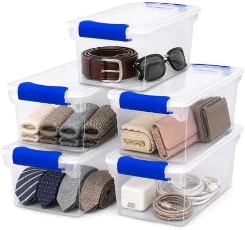 HOMZ Clear Plastic Storage Bins w/Latching Lid, 7.5 Qt, Blue, 5 Pack by Homz