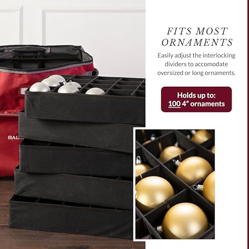 Balsam Hill Deluxe Rolling Ornament Chest - 100pc Christmas Decoration Storage with Dividers & Trays - Image 4