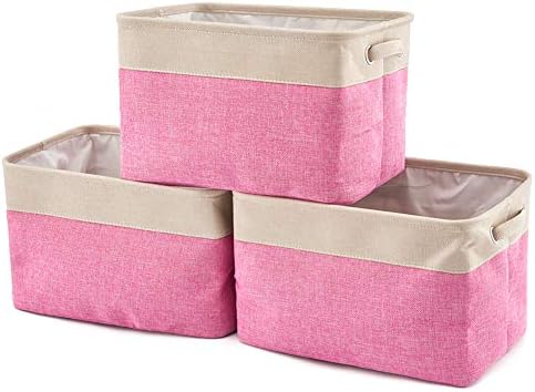 EZOWare Set of 3 Large Canvas Fabric Tweed Storage Organizer Cube Set W/Handles for Nursery Kids Toddlers Home and Office - 15 L x 10.5 W x 9.4 H -Pink by EZOWare