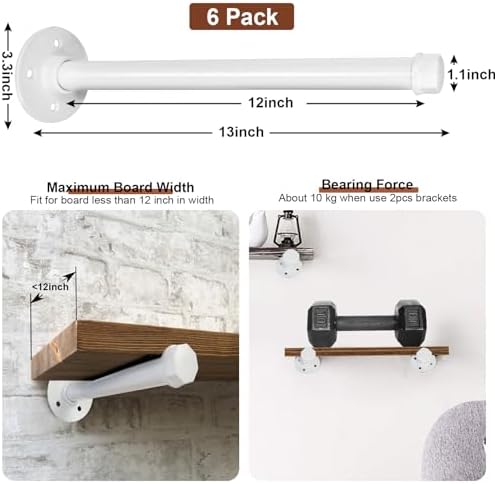Pintuson 6 PCS Industrial Pipe Clothes Bar 12 Inch - Pipe Clothing Rack Wall Mount - Face Out Closet Rods for Hanging Clothes Commercial Retail Boutique Laundry Shirt Display - White - Image 2