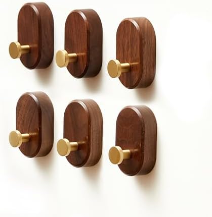 Wood Coat Hooks Wall Mount - Modern Walnut Coat Hook with Brass Accent for Hanging Clothes,Keys,Purse,Robes,Towel,Backpacks, Single Brass Wall Hooks Heavy Duty for Entryway, Closet, Bathroom (6 Pack) by Vinoil