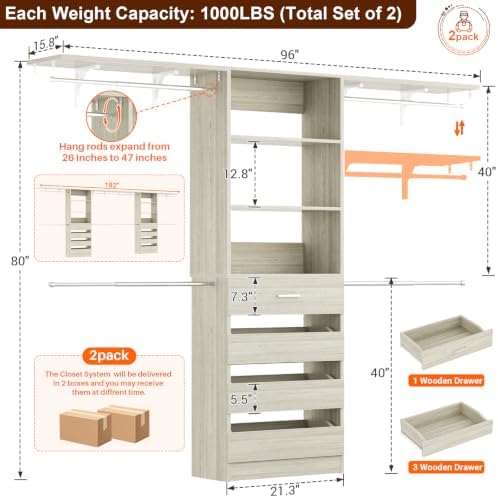 Aheaplus Closet System with Drawers Set of 2, Wood Closet Organizer System with 8 Hanging Rods & Top Shelves, Walk-in Closets Organizer Wardrobe Clothes Rack, Cut Fits Spaces 4-9FT. Wide, White Oak - Image 7